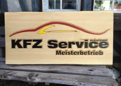 Holzschild rustikal Baumkante Werbeschild Firmenschild Firmenlogo kontur farbig KFZ