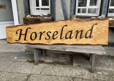Stallschild Hofschild Firmenschild ungesäumt rustikal Schwartenbrett Holzschild vertieft dunkel Horseland